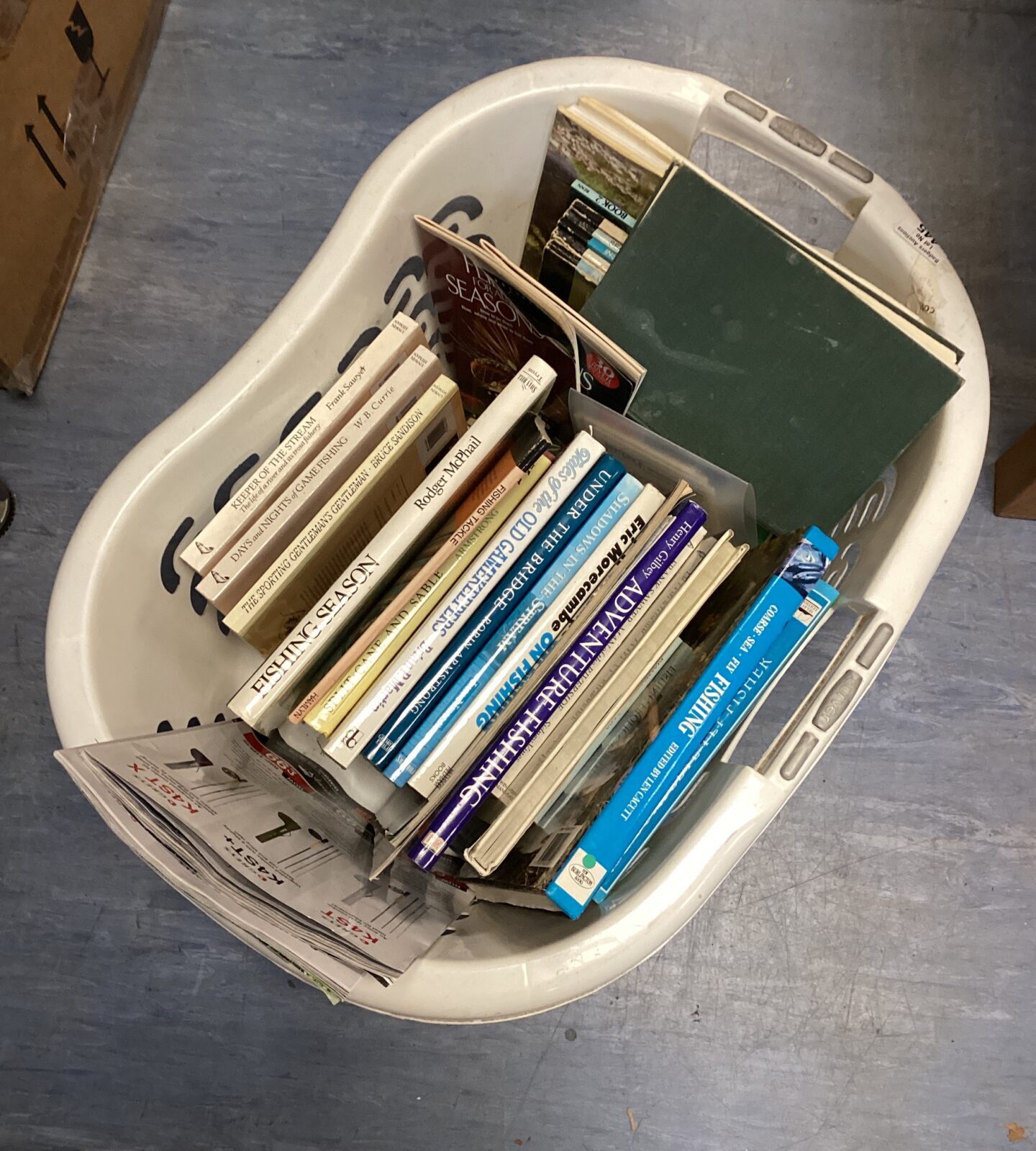 Basket of fishing books inc fishing season, old gamekeepers & the complete fly fisher