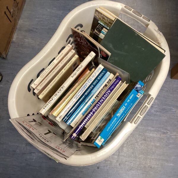 Basket of fishing books inc fishing season, old gamekeepers & the complete fly fisher
