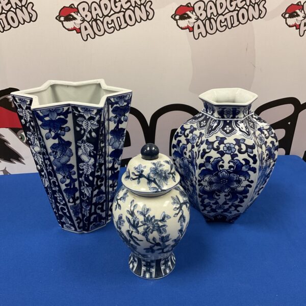 India Jane blue and white porcelain vase and lidded urn collection.