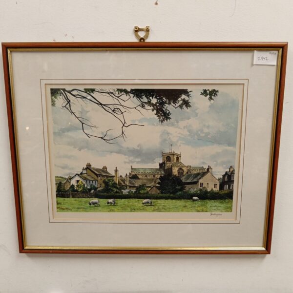 Artist signed print of an Irish village with a church.