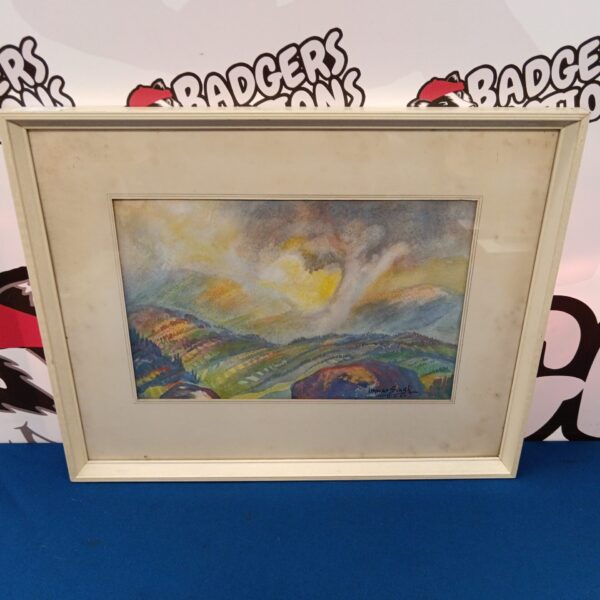 Vibrant 1967 Ishwar Singh watercolour landscape painting with colourful hills.