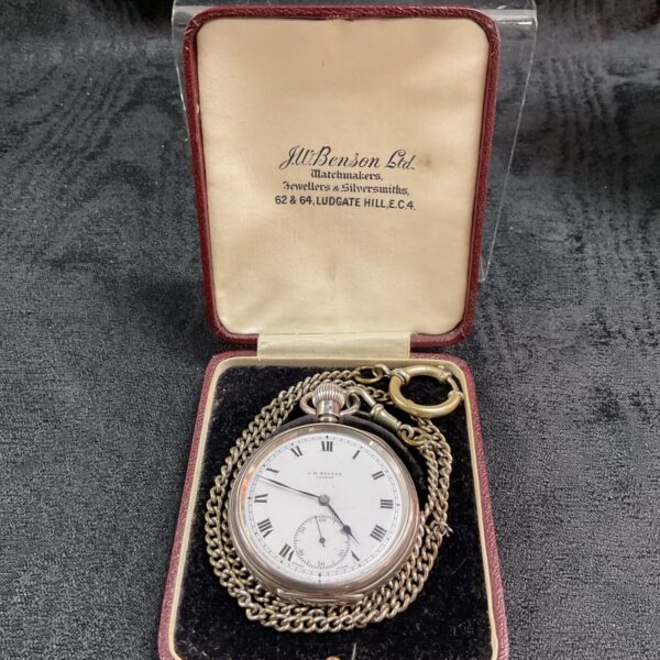 Antique J M Benson silver pocket watch with chain in original box.