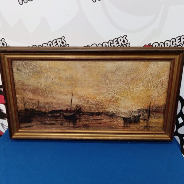 Impressionist oil painting of a coastal scene with fishing boats at dusk.