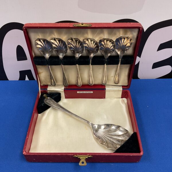 Vintage James Walker silver plate dessert spoon set displayed on a surface.