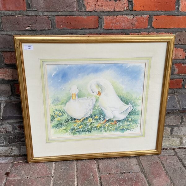 Charming watercolour painting of white ducks by Janice Wallace.