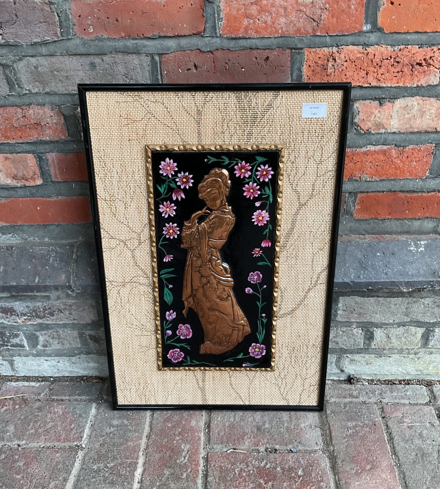 Vintage copper panel of Japanese lady in traditional dress by J. Betts.