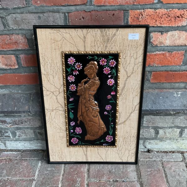Vintage copper panel of Japanese lady in traditional dress by J. Betts.