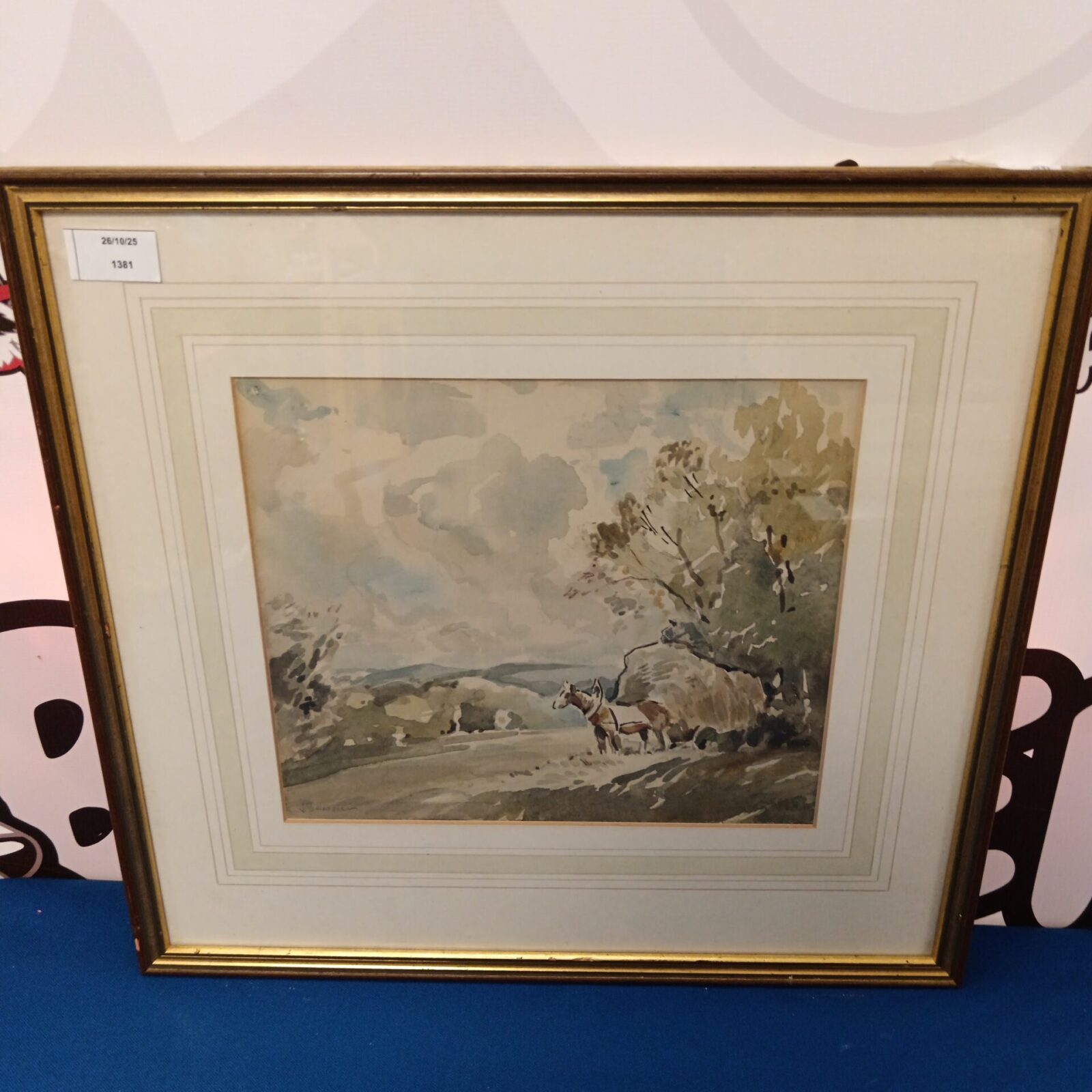 John Brown Harrison watercolour painting of a pastoral scene with a farmer and horse.