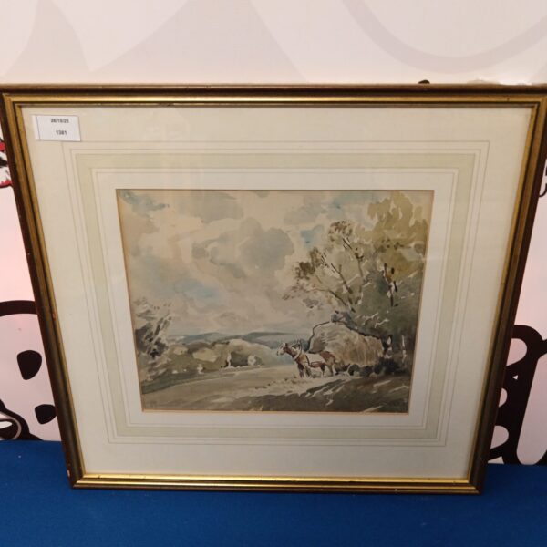 John Brown Harrison watercolour painting of a pastoral scene with a farmer and horse.