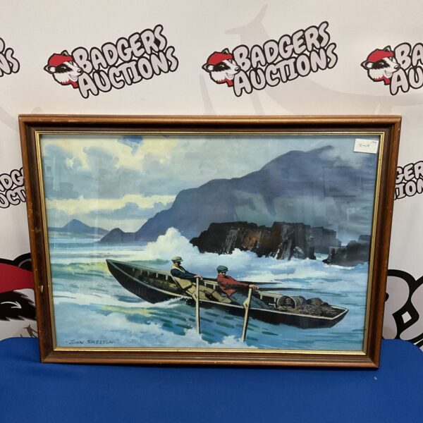 Vintage John Skelton print of men in a kayak at sea.