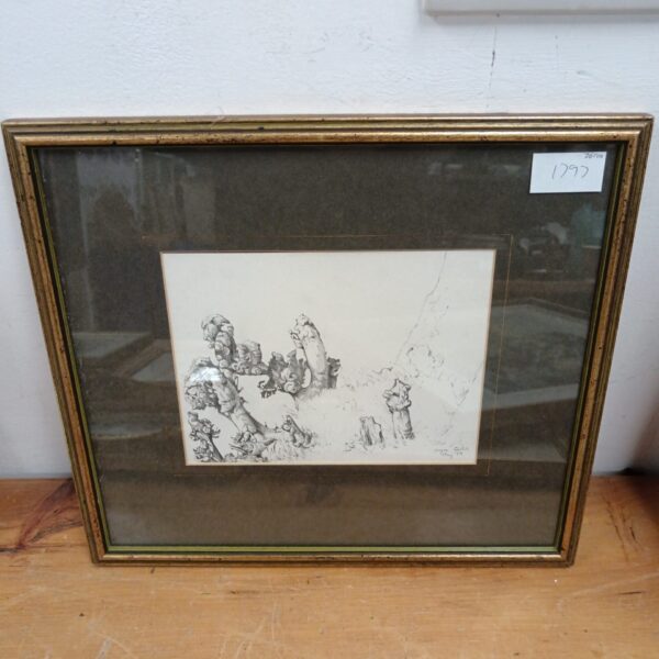 Vintage 1979 pencil drawing of tree roots by Joyce Curtis.