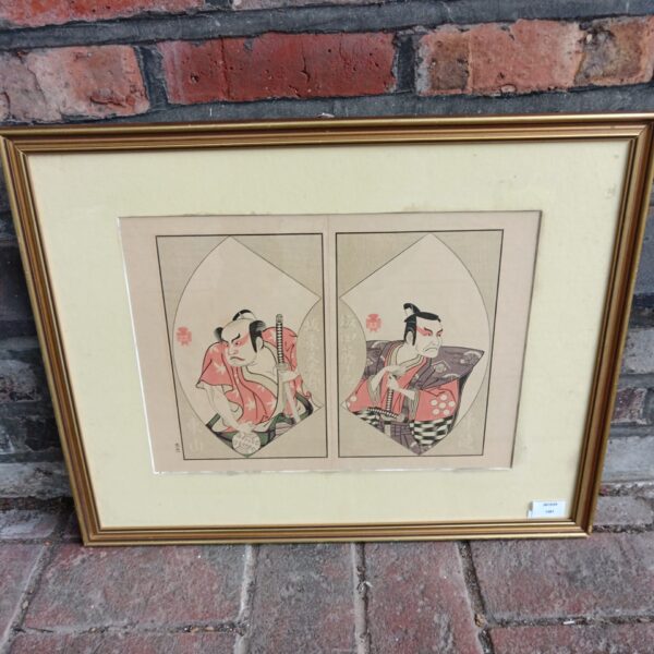 Vintage Katsukawa Shunso Kabuki woodblock print depicting actors.