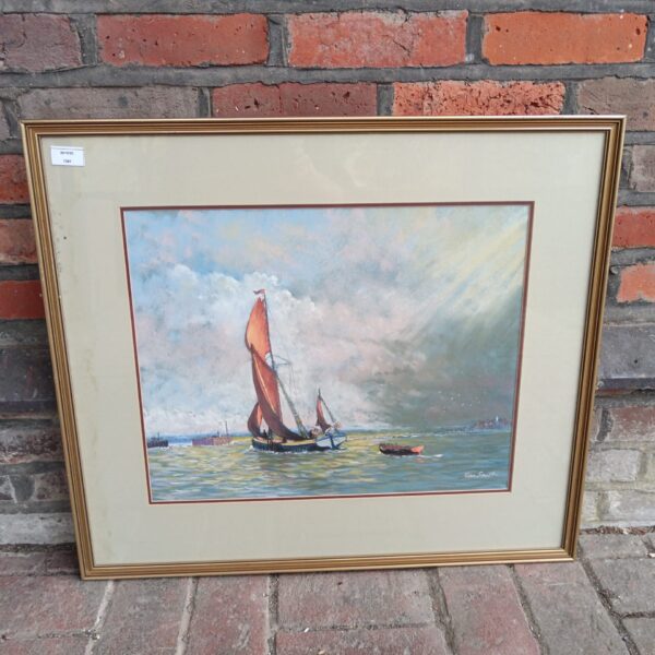 20th-century pastel painting of a thames barge sailing on the coast.