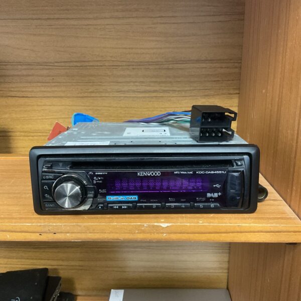 Kenwood KDC-DAB4551U car stereo front panel with buttons and display.