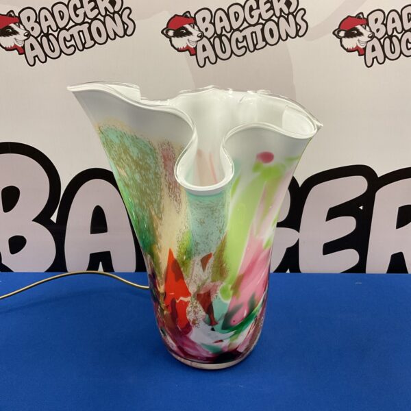 Vibrant Krosno handkerchief vase with colourful glass swirls.