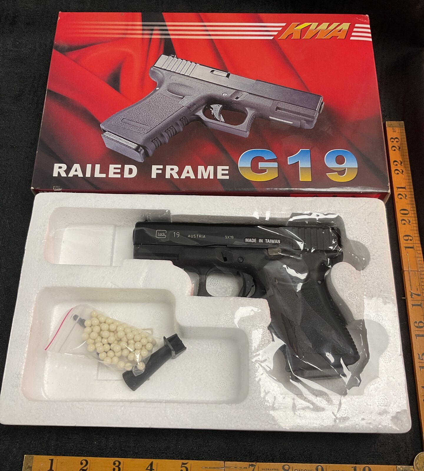 KWA Glock 19 railed frame airsoft pistol in excellent condition.