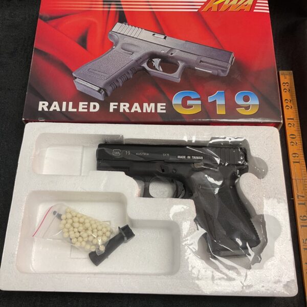 KWA Glock 19 railed frame airsoft pistol in excellent condition.