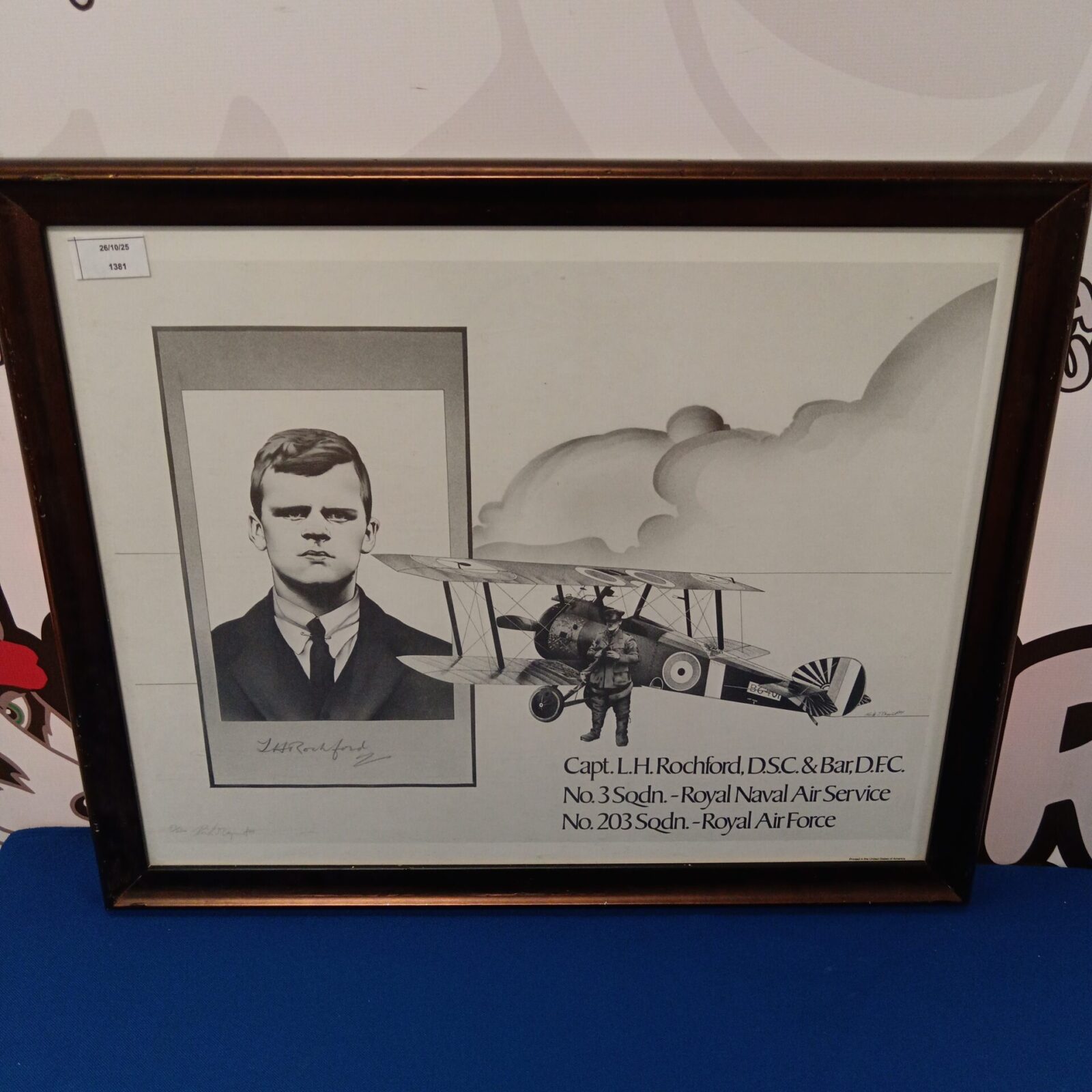 Vintage signed print of Captain L H Rochford and a biplane from the Royal Naval Air Service.