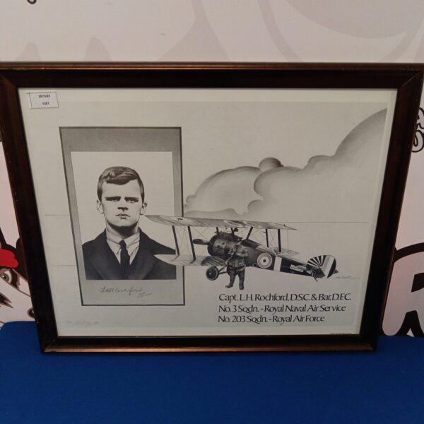 Vintage signed print of Captain L H Rochford and a biplane from the Royal Naval Air Service.