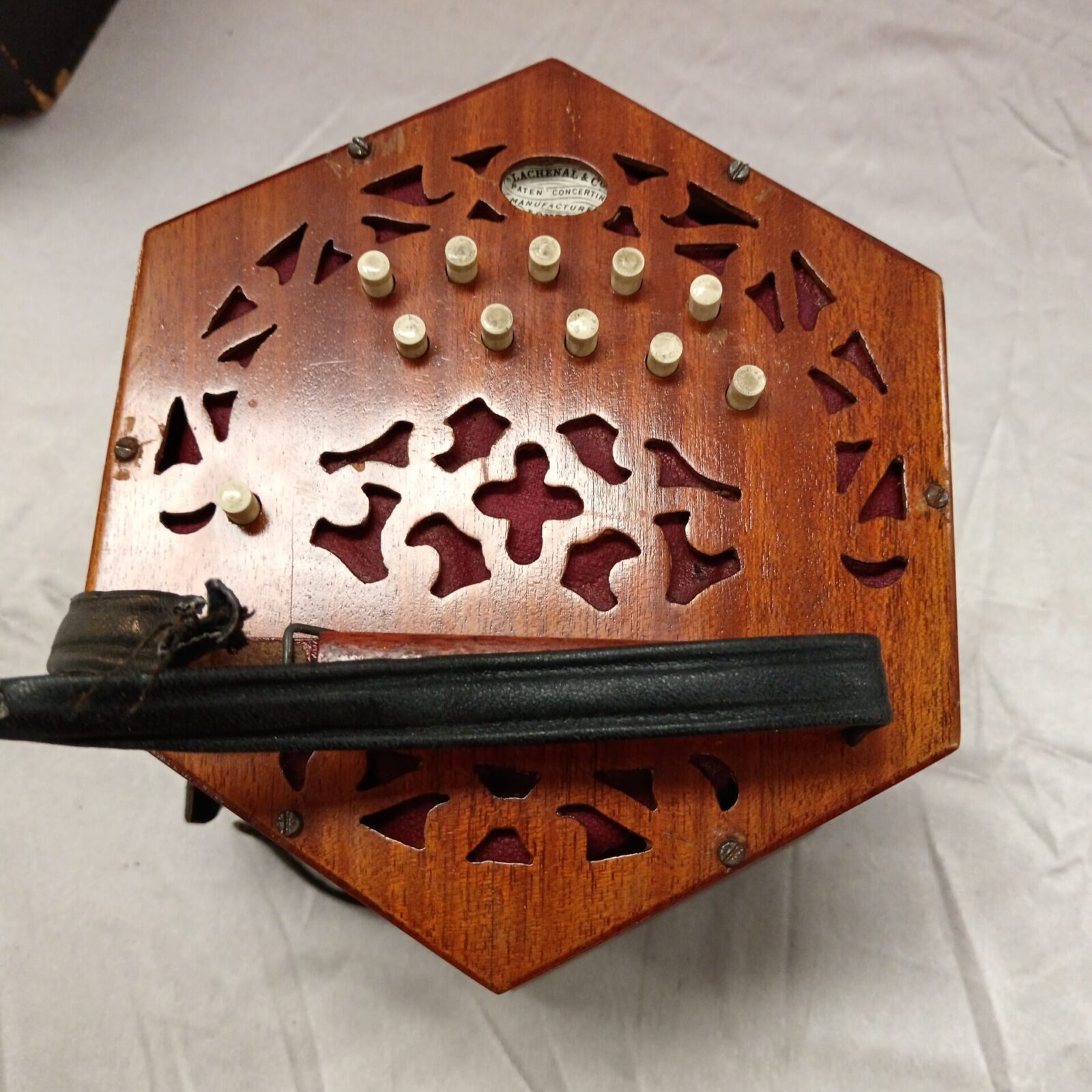 Close-up of mother-of-pearl buttons on antique Lachenal concertina.