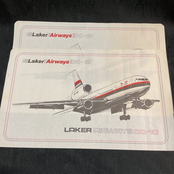 Vintage Laker Airways DC10 tray covers, aviation collectible.