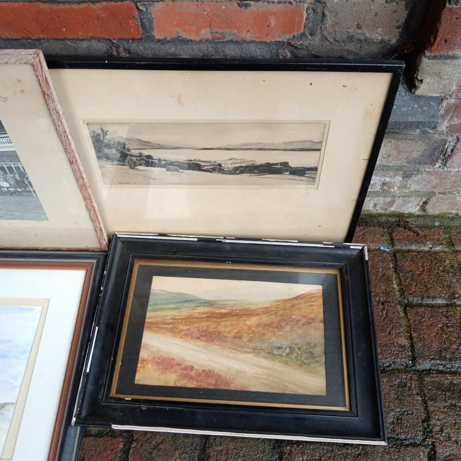 Collection of framed watercolour paintings and vintage print.