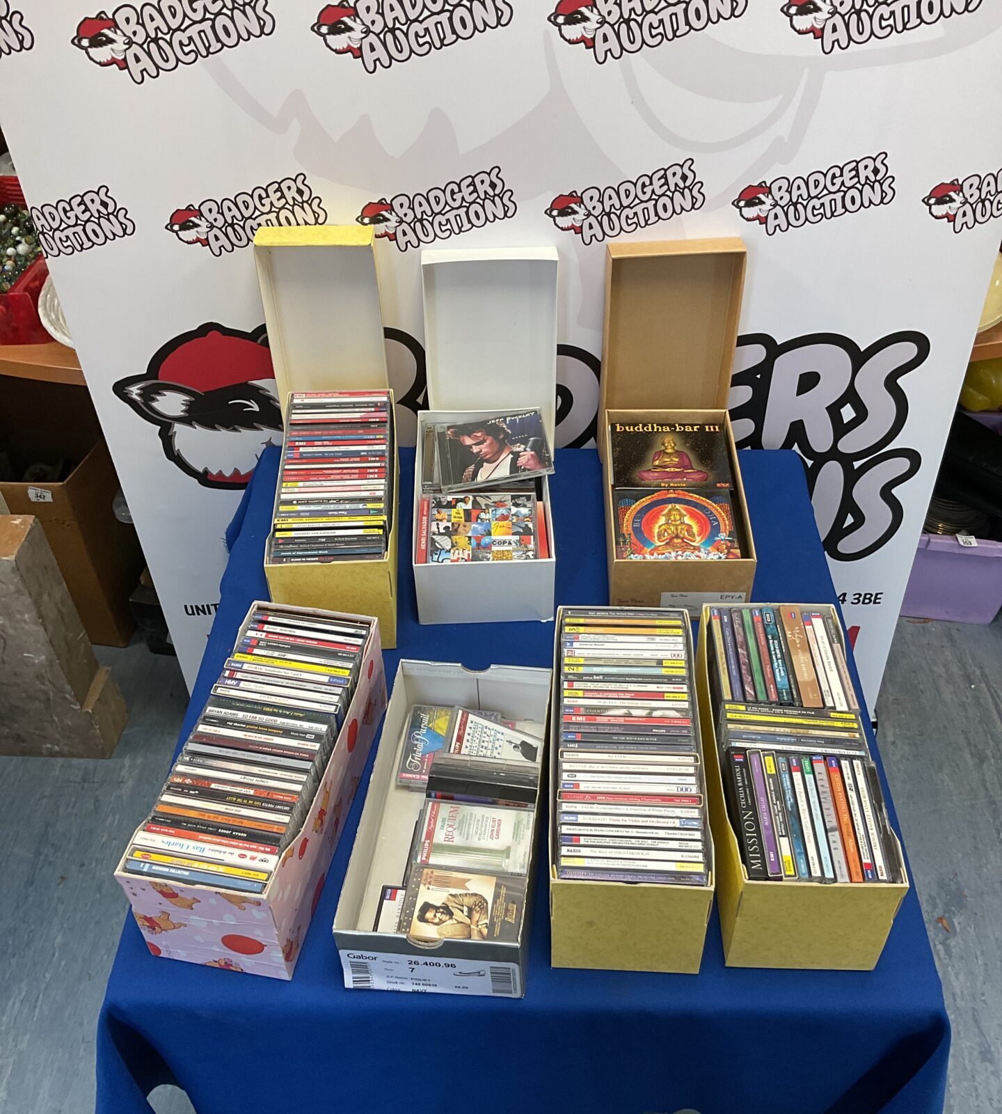 Large collection of music CDs including Buddha, Jeff Buckley, and Ray Charles.