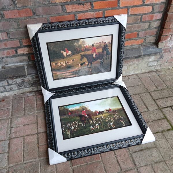 Large framed hunt scene prints depicting a classic equestrian scene.
