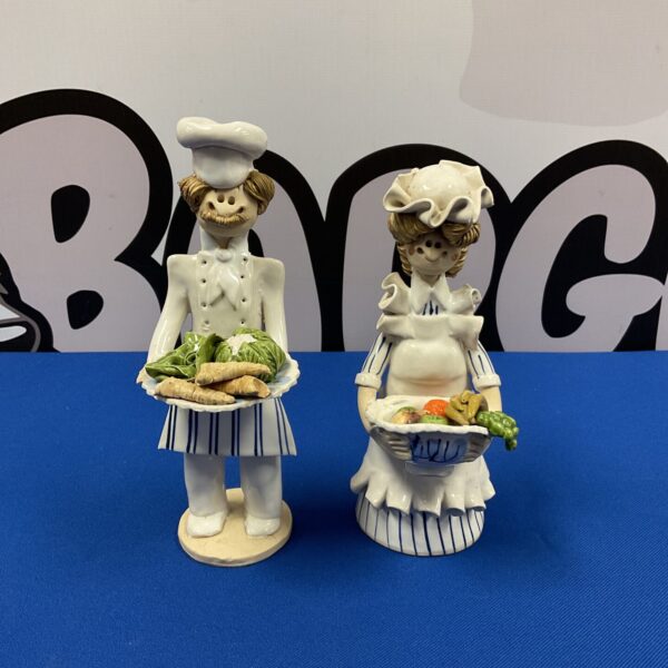 Vintage Laura Dunn chef figures with produce baskets.
