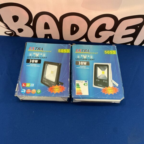 Two 30w LED flood lights, model 5053, for outdoor use.