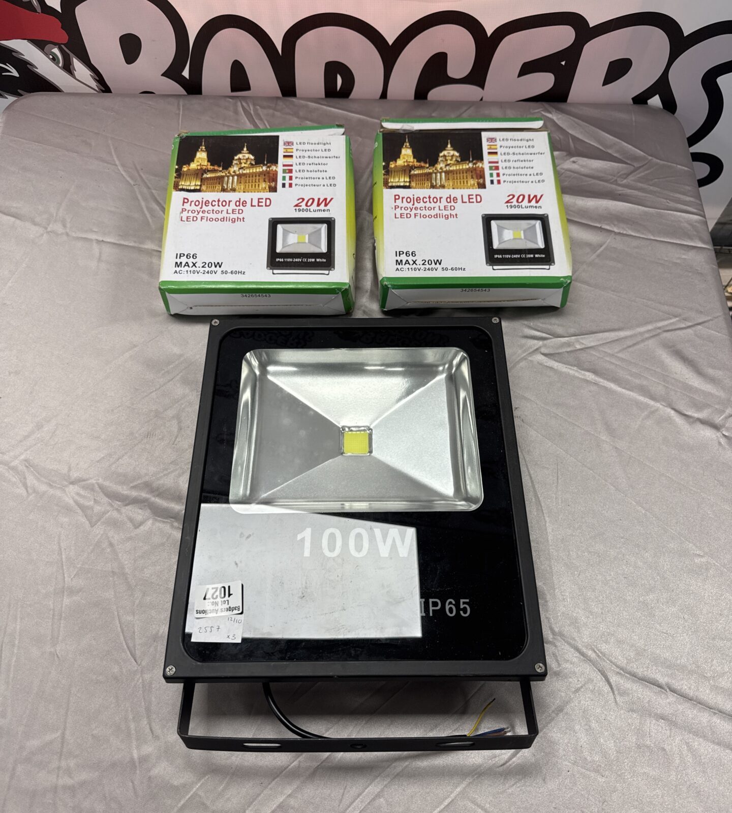 Lot of three new LED security lights, including 20w and 100w floodlights.