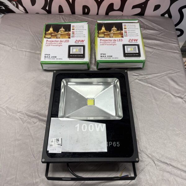 Lot of three new LED security lights, including 20w and 100w floodlights.