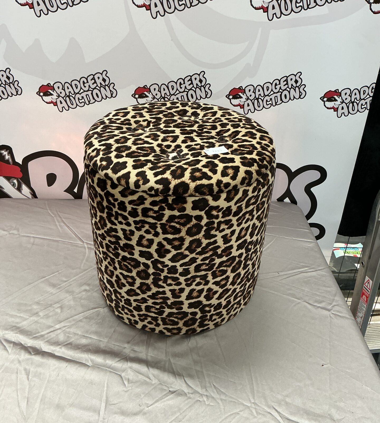 Front view of a leopard print storage ottoman.