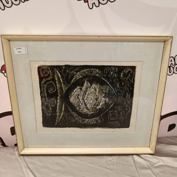 Framed vintage linocut print of a sunfish, mid-century modern style.