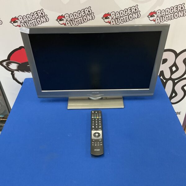 Front view of a Linsar 24 inch television with remote.