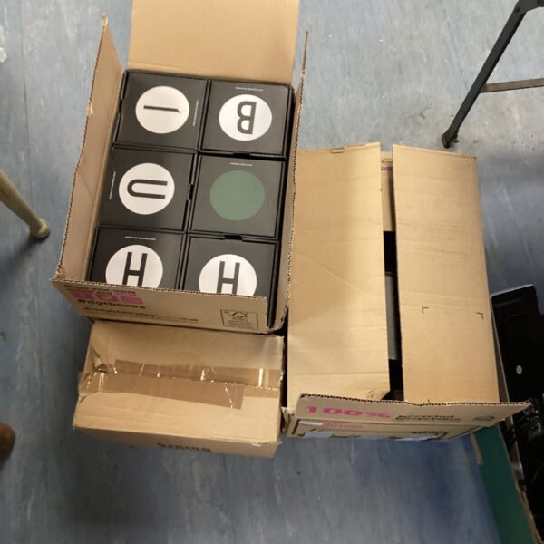 Three boxes of Lowrance Hook2 typography lettering for collectors.
