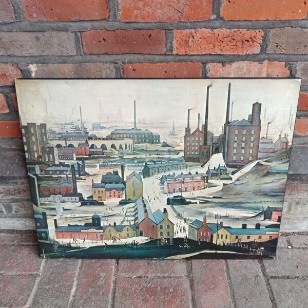 Vintage LS Lowry style industrial landscape print on board.