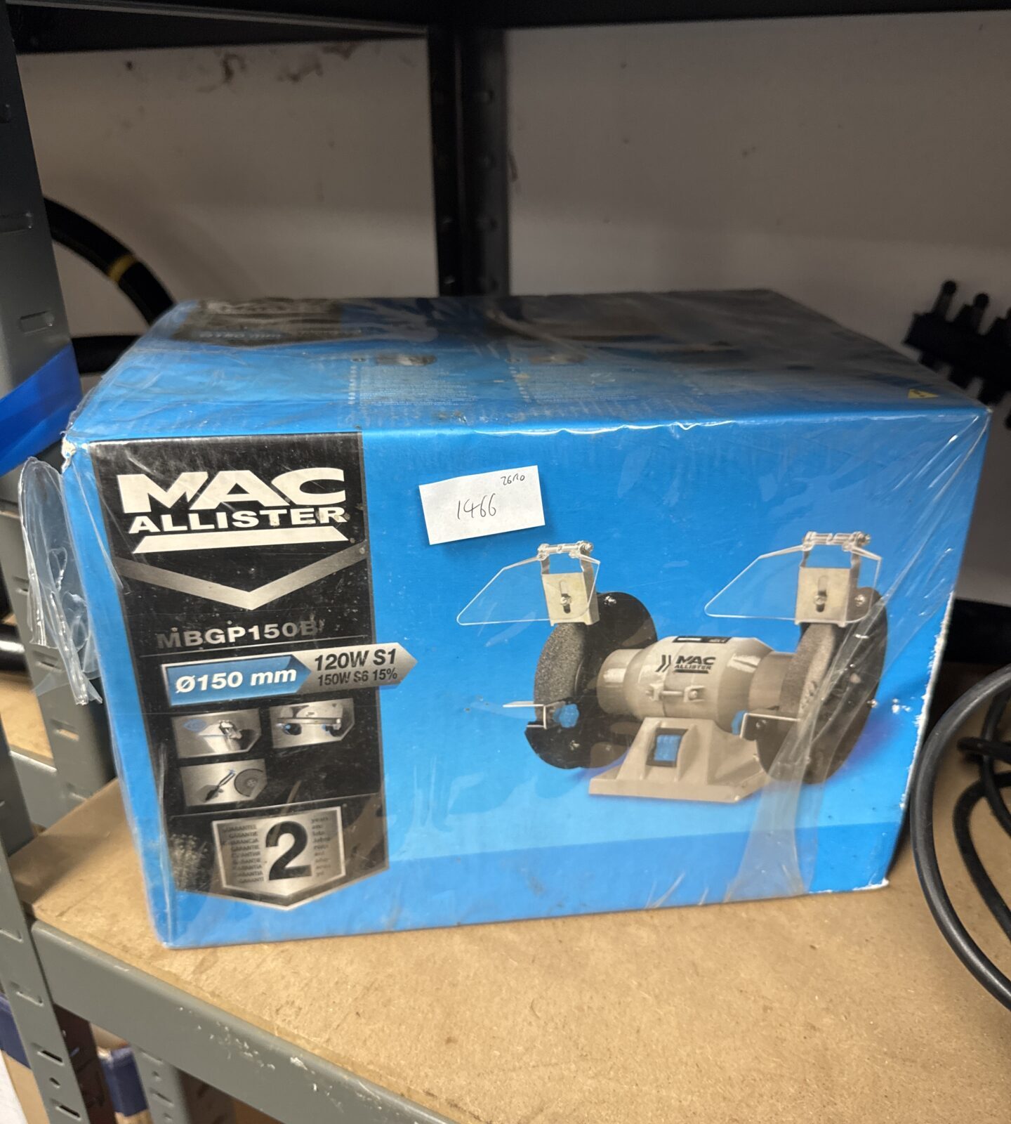 New boxed Mac Allister MBGP150B bench grinder in original packaging.