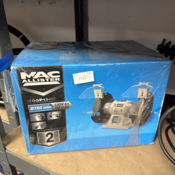 New boxed Mac Allister MBGP150B bench grinder in original packaging.