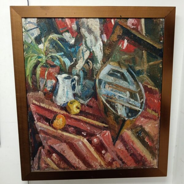 Vibrant 20th-century still life painting by Mark Ford featuring fruit and a row boat.