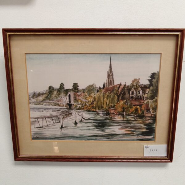 Signed S Framus watercolour painting of Marlow Weir river scene.