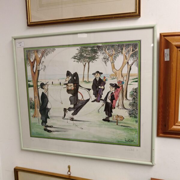 Humorous Martin Holt print of rabbis playing golf.