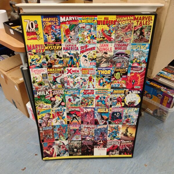 Large Marvel comics collage print featuring superhero covers.