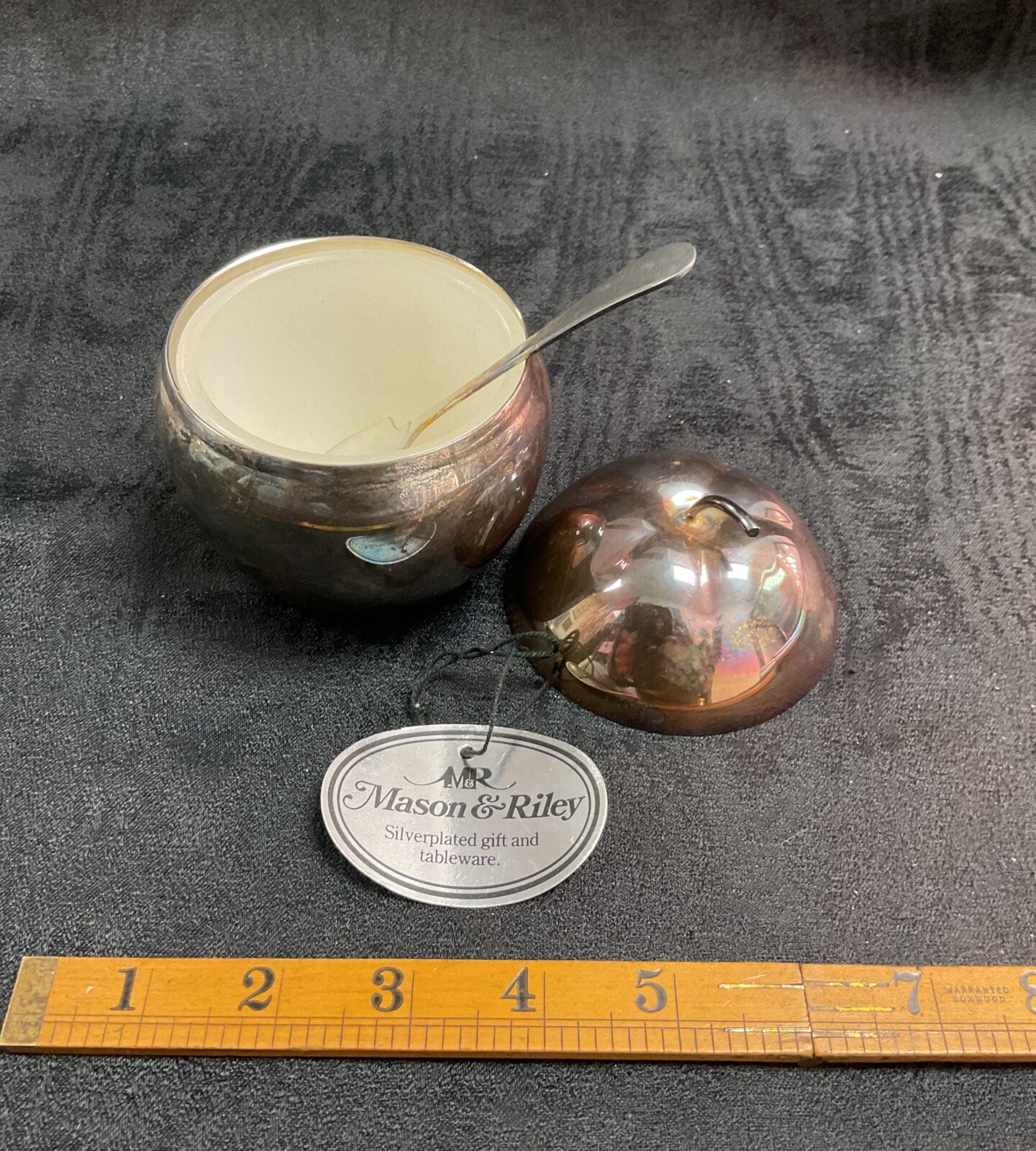 Antique Mason Riley silver plate apple sauce pot with spoon.