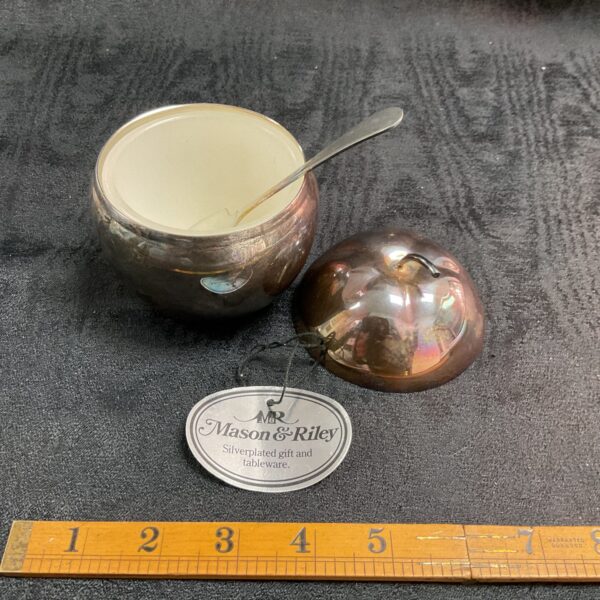 Antique Mason Riley silver plate apple sauce pot with spoon.
