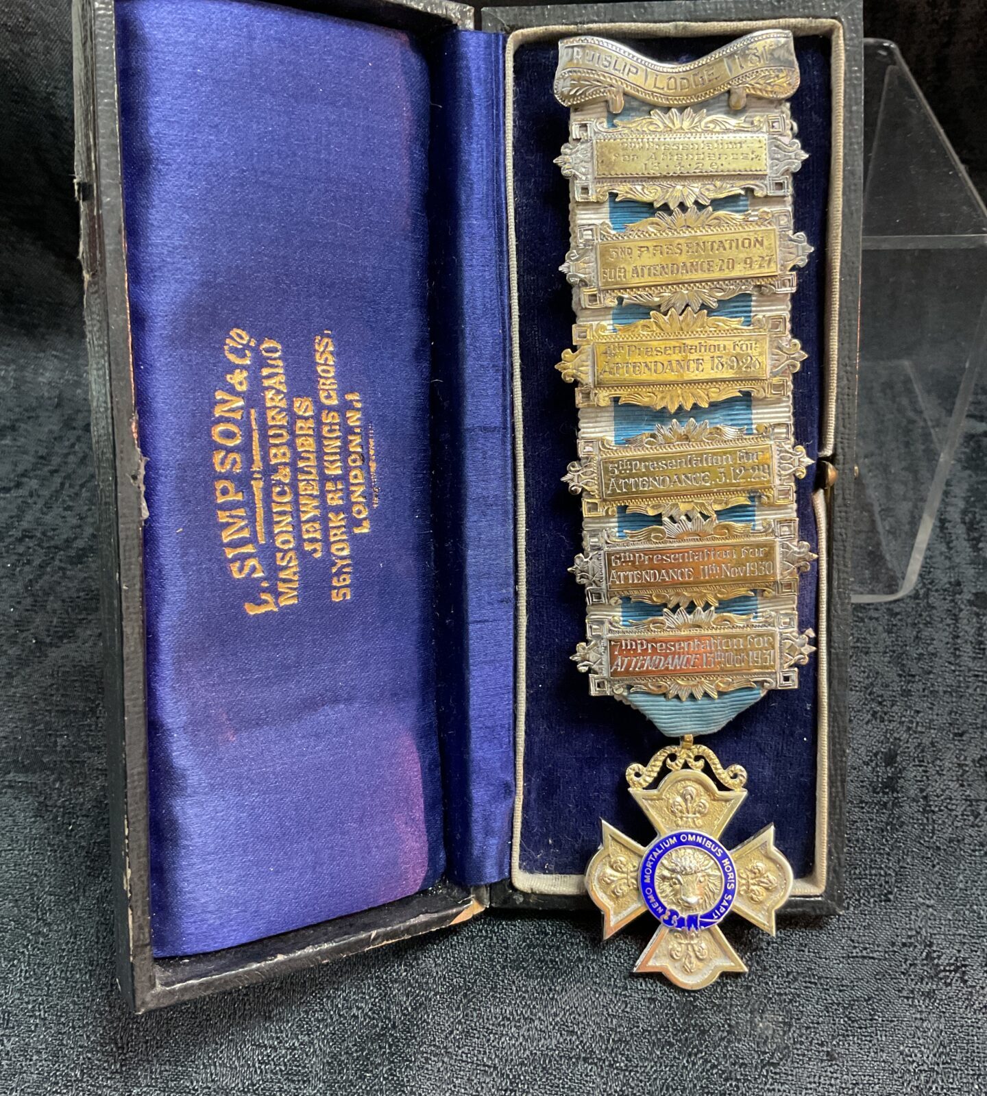Antique silver masonic attendance jewel with bars, dating to 1924.