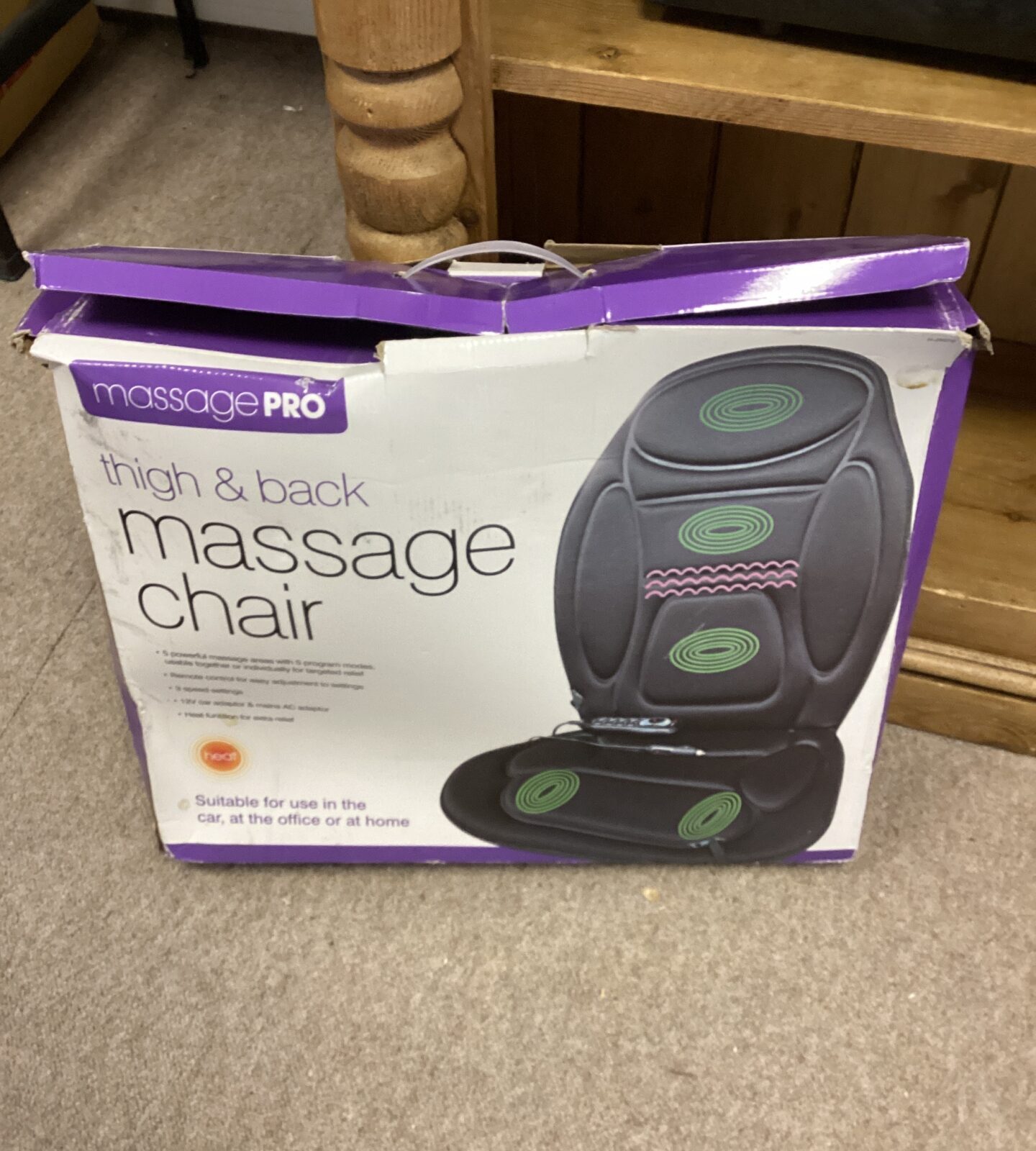 Massage Pro chair with heat function for back and thigh relief.