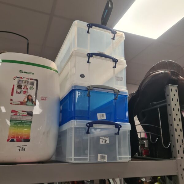 Stack of four Meaco plastic storage boxes for home organisation.