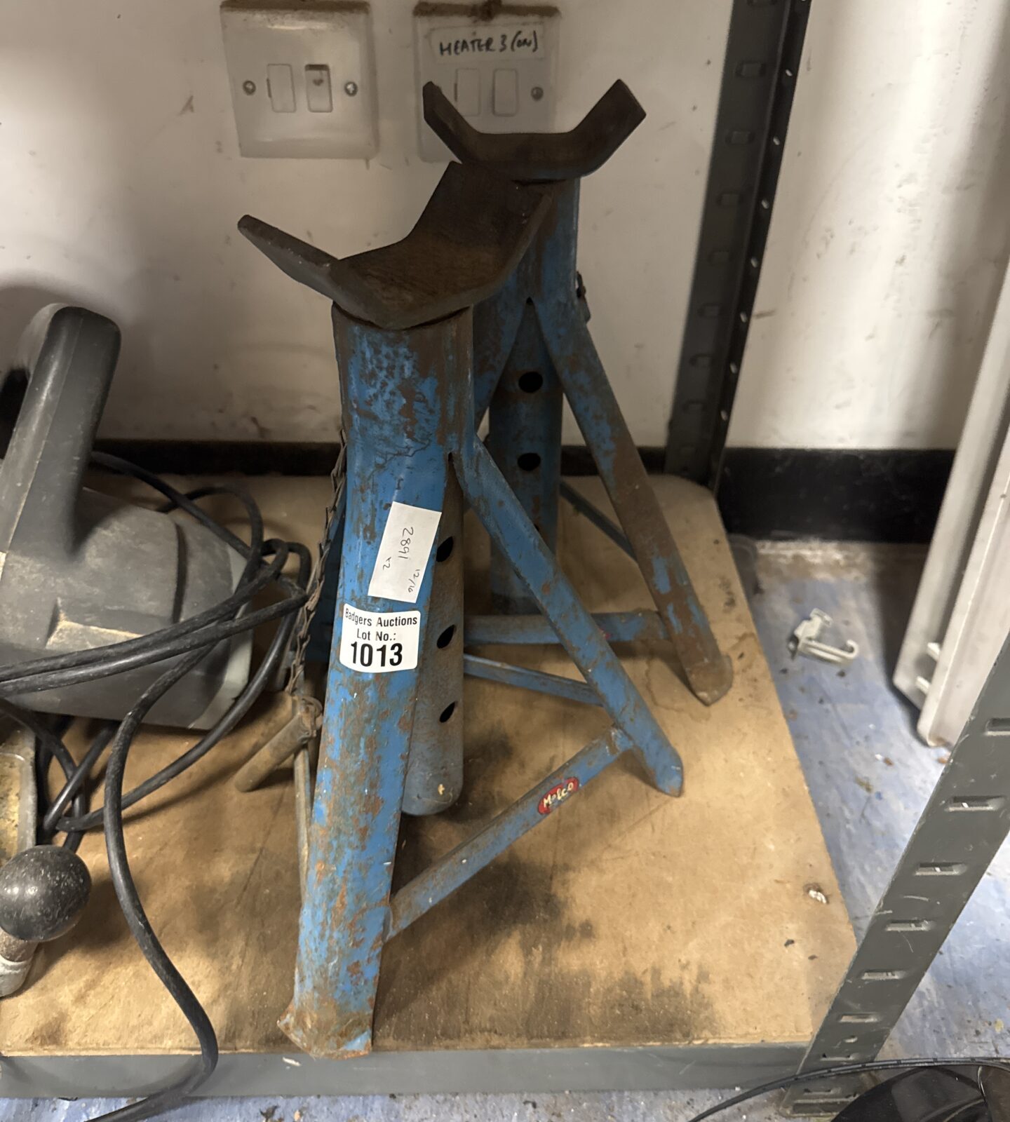 Pair of used Melco axle stands for vehicle maintenance.