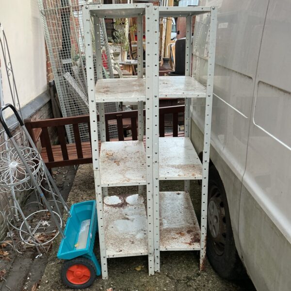 Metal storage shelving unit for garage or shed organisation.